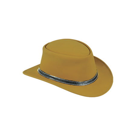 Mustard-gold hat with smooth dished crown and slim silver-toned band