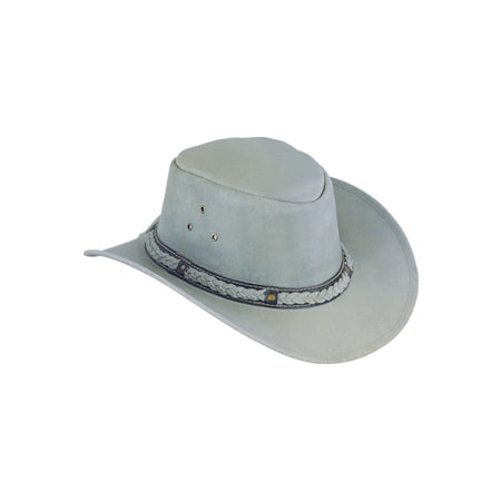 Pale grey hat with braided two-tone band, wavy brim and crown eyelets Main image
