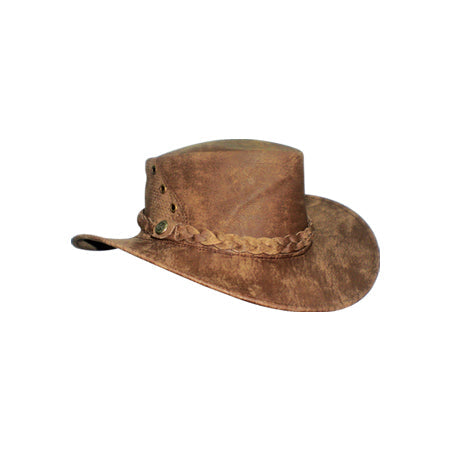 Rubbed brown hat with patchy finish, braided band and crown eyelets