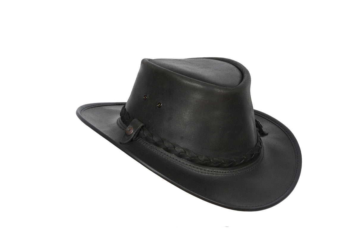 Glossy black hat with folded crown, braided band and side snap tab
