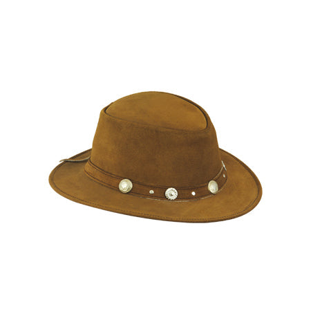 Orange-brown suede-look hat with narrow band of three silver conchos and studs Main image