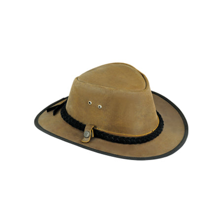 Ochre hat with black brim binding, black braided band and small snap tab