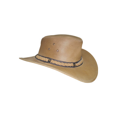 Light tan hat with two-tone braided band, side studs and crown eyelets