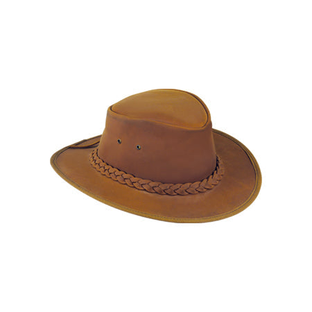 Orange-tan hat with braided band, wide curved brim and one side eyelet
