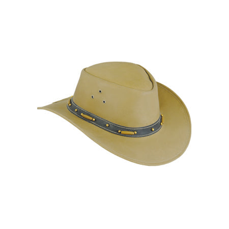 Pale khaki hat with black band, orange lacing, small studs and crown eyelets Main image