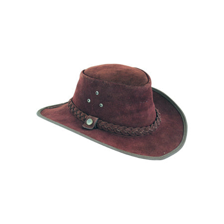 Burgundy suede-look hat with grey brim binding, braided band and snap tab Main image