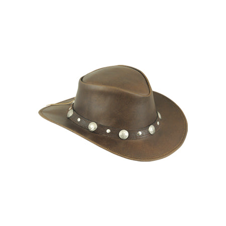 Glossy brown hat with wide dark band, silver-coloured conchos and round studs Main image
