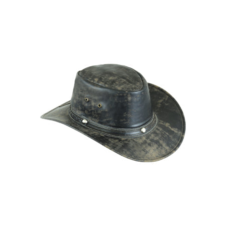 Distressed black and grey hat with stitched band, metal rivets and wide brim Main image