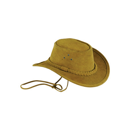 Mustard-gold suede-look hat with braided band, eyelets and long chin cord