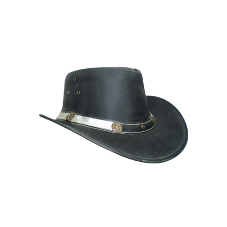 Black smooth hat with silver-toned band, gold concho and crown eyelets