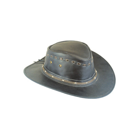 Dark grey distressed hat with laced band, small studs and crown eyelets