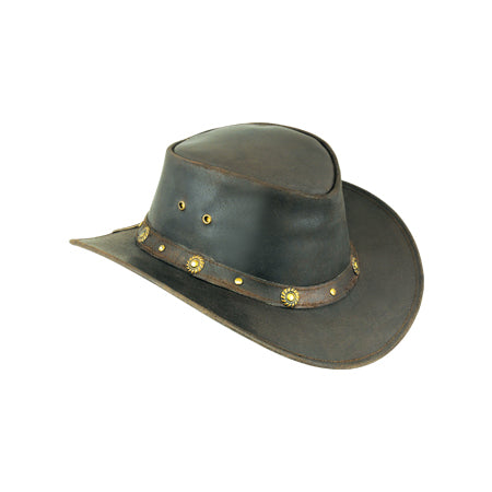 Dark olive-black hat with bronze edge, crown eyelets and brown concho band Main image