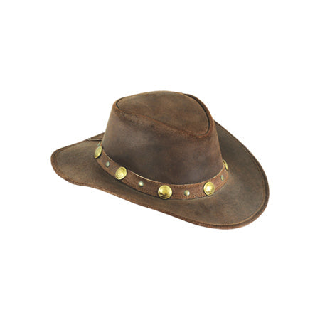 Brown suede-look hat with slim band, gold-coloured conchos and small studs Main image