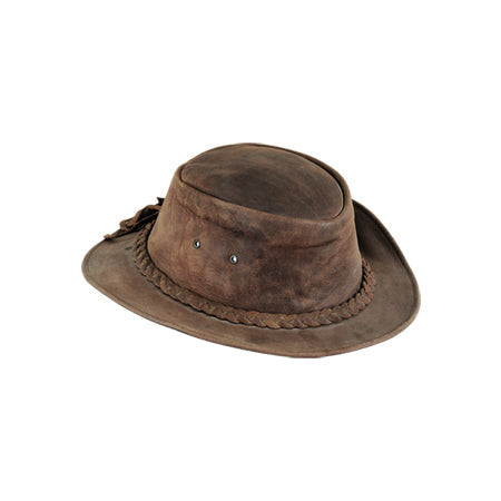 Distressed rubbed brown hat with braided band and wavy brim