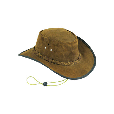 Olive-gold suede-look hat with black brim binding, braided band and yellow cord Main image
