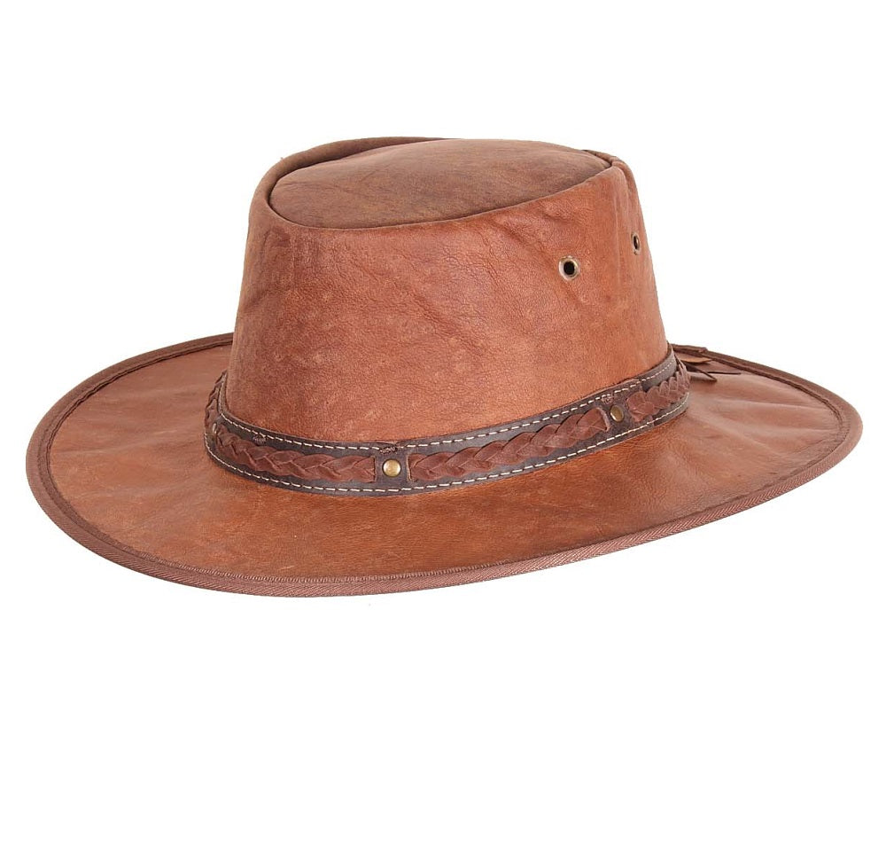 Rust-orange wide flat-brim hat with patterned stitched band and side eyelet Main image