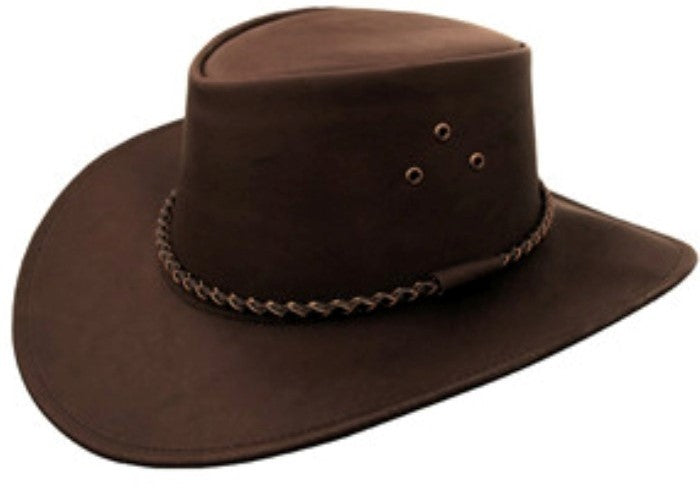 Dark chocolate-brown wide-brim hat with braided band and three side eyelets