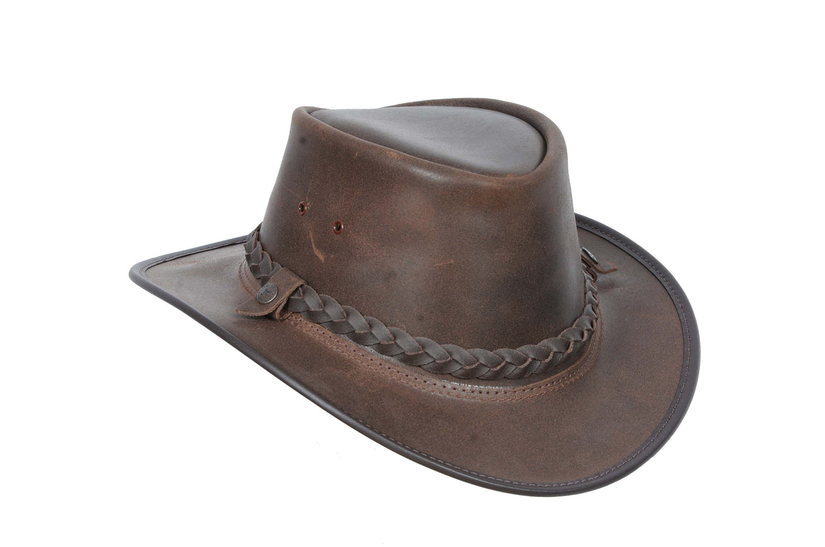 Glossy brown hat with braided band, dented crown and curved brim Main image