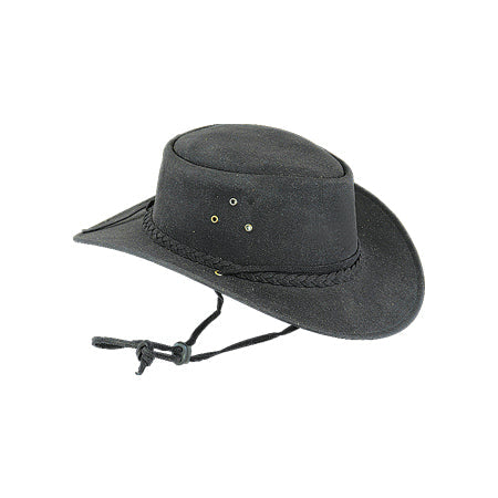 Charcoal-grey matte hat with braided band, crown eyelets and chin cord