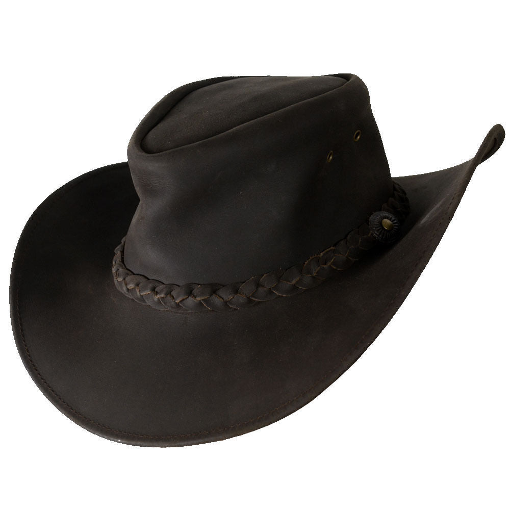Dark brown wide pointed-brim hat with braided band and small side eyelets