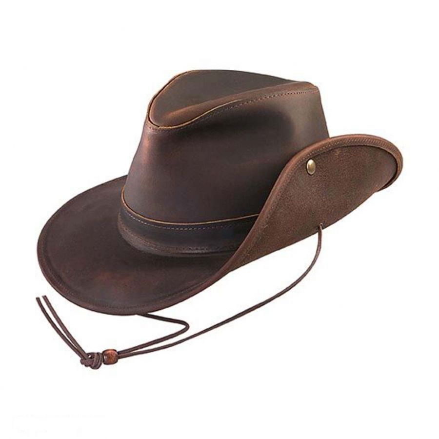 Brown hat with snapped-up brim, wide band, stud and beaded chin cord Main image