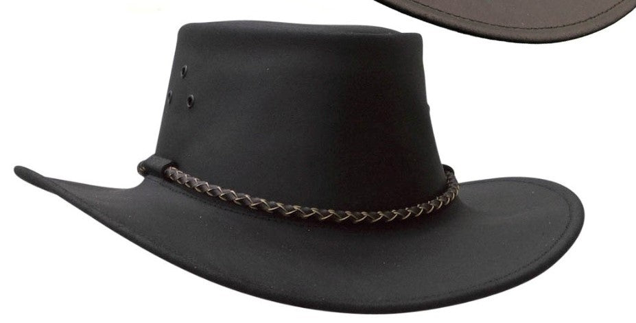 Black wide-brim hat with braided brown band and small crown vents Main image