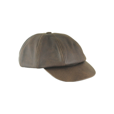 Brown eight-panel newsboy cap with top button and curved peak