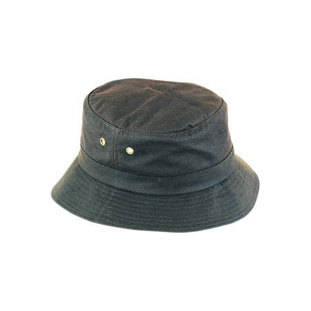 Dark navy waxed-look bucket hat with brass eyelet and stitched brim Main image