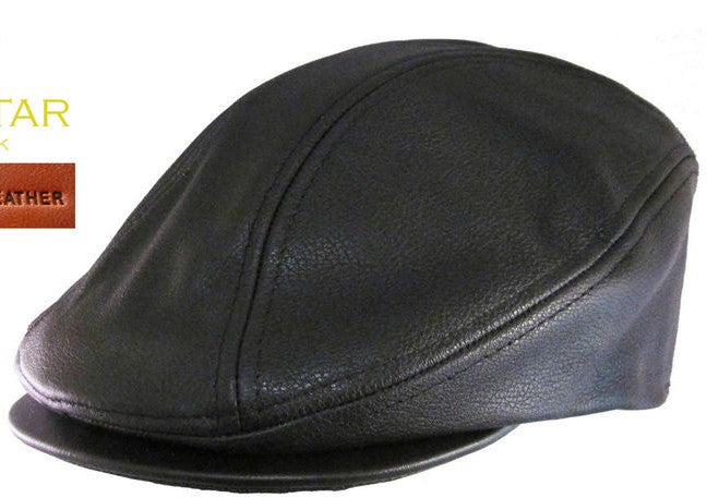 Black grained flat cap with seamed crown and short peak