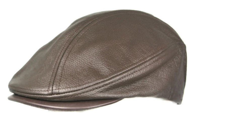 Brown grained flat cap with seamed crown panels and short peak Main image