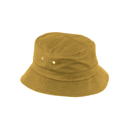 Mustard-yellow bucket hat with stitched brim and side metal eyelets