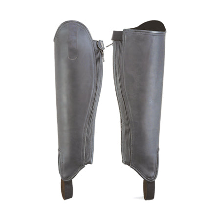 Dark grey half chaps with rounded front panel and side zip