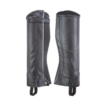 Black half chaps with wide top strap and grey zip edge