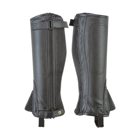 Black smooth half chaps with ribbed zip side and oval panel