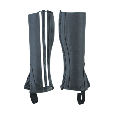 Black half chaps with white double stripe at zip