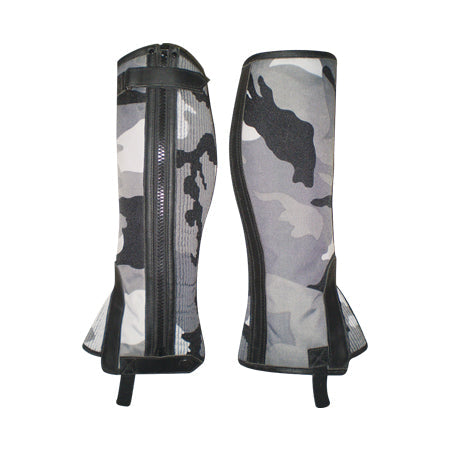 Grey camouflage print half chaps with black zip and piping