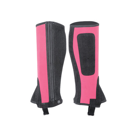 Pink and black half chaps with oval patch and side zip