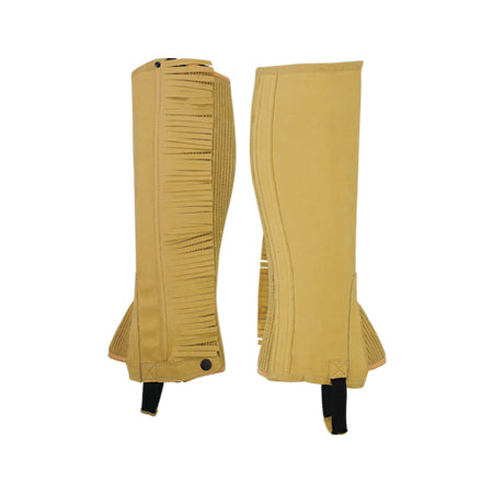 Tan half chaps with fringed front edge and base straps