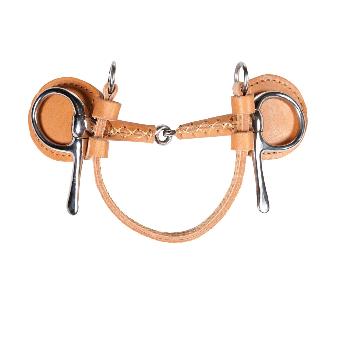 Tan leather jointed bit with slotted guards and hanging strap