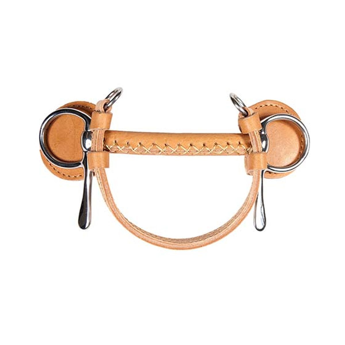 Light tan leather-guard bit with hanging loop strap and slotted cheeks