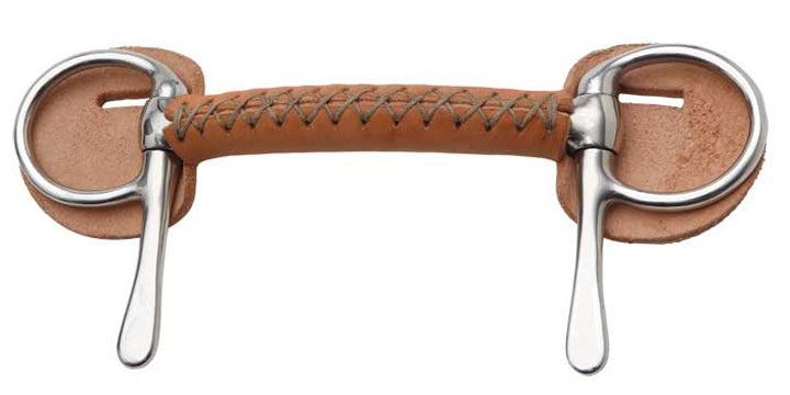 Tan leather-covered mullen bit with slotted guards and steel cheek pins