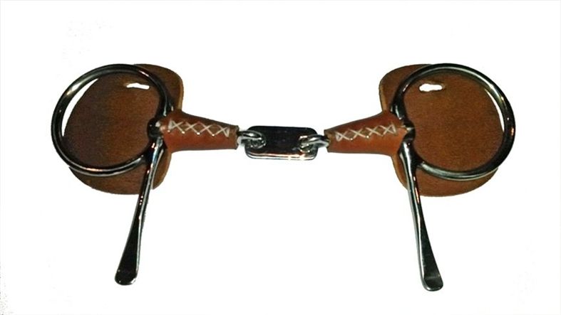 Jointed bit with large round leather guards and dark rings