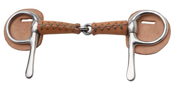 Jointed bit with cross-stitched brown leather mouthpiece and slotted leather guards